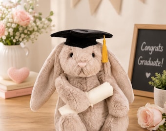 Jellycat Bashful Beige Bunny Graduation Plush Toy - With Dust-Proof Bag