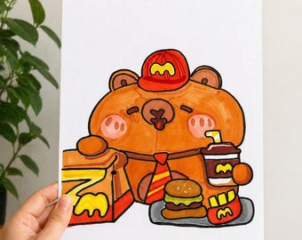 Original Hand-Drawn Capybara Fast Food Illustration: Kawaii Art Poster