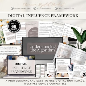 Könnte beinhalten: Ein digitales Influencer-Framework, das auf einem Laptop, Tablet und Smartphones angezeigt wird. Das Bild enthält den Text "Digital Influence Framework" und "Understanding the Algorithm". Das Produkt ist ein digitaler Download und Canva-editierbar.