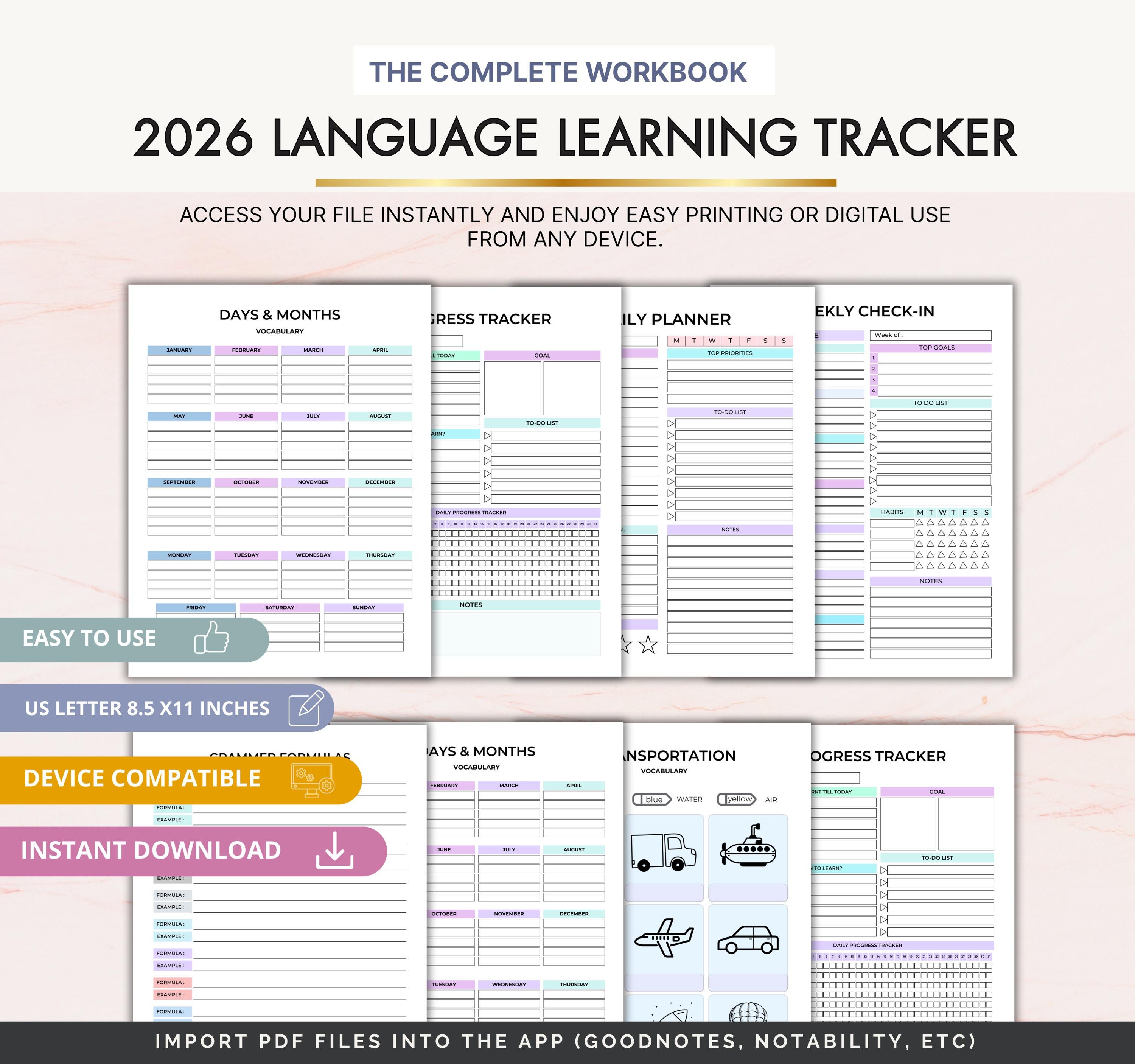 2026 Language Learning Tracker Printable | Vocabulary, Study Goals ...