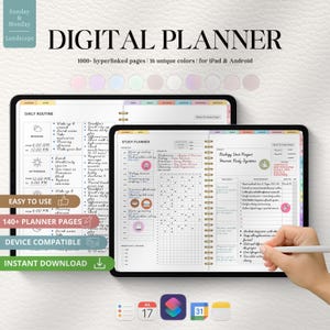 Może przedstawiać: Cyfrowy planer z tekstem "DIGITAL PLANNER" i "1000+ stron z hiperłączami | 16 unikalnych kolorów dla iPada i Androida". Planer jest pokazany na dwóch tabletach, z widocznymi stronami codziennej rutyny i planowania nauki.