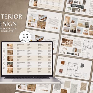 May include: A laptop displaying an interior design presentation template with the text "INTERIOR DESIGN PRESENTATION TEMPLATE" and "15 pages". The presentation includes mood boards, floor plans, and shopping lists, showcasing various design concepts.