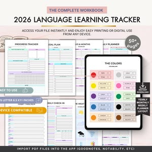 May include: A digital language learning workbook with a pink and white background. The workbook includes a progress tracker, goal plan, and vocabulary pages. The text on the cover reads "2026 Language Learning Tracker". The workbook is device compatible and easy to use.