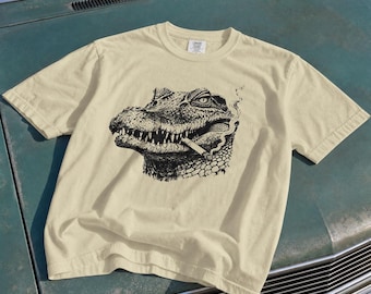 Retro T-shirt met rokende krokodil, T-shirt met vintage print, grappig krokodillen T-shirt, coole streetwear, cadeau voor hem, unisex T-shirt met print