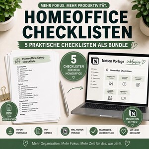 Może przedstawiać: Zestaw list kontrolnych do domowego biura zawierający stos białych kartek, srebrny długopis oraz laptopa z szablonem Notion. Tekst zawiera 'HOMEOFFICE CHECKLISTEN', '5 PRAKTISCHE CHECKLISTEN ALS BUNDLE' oraz 'Notion Vorlage inklusive' wraz z różnymi ikonami i kategoriami organizacyjnymi.