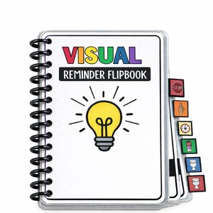 Può includere: Un flipbook a spirale con le parole "VISUAL REMINDER FLIPBOOK" in lettere colorate. La copertina presenta un'illustrazione di una lampadina gialla. Diverse piccole schede promemoria colorate sono attaccate al lato, ognuna con un'icona diversa.