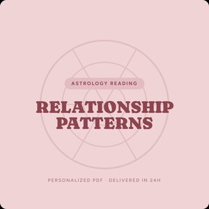 Puede incluir: Un gráfico cuadrado de color rosa claro con el contorno de una carta astrológica circular en rosa oscuro. El texto dice ASTROLOGY READING, RELATIONSHIP PATTERNS y PERSONALIZED PDF · DELIVERED IN 24H en una fuente sans-serif negrita.