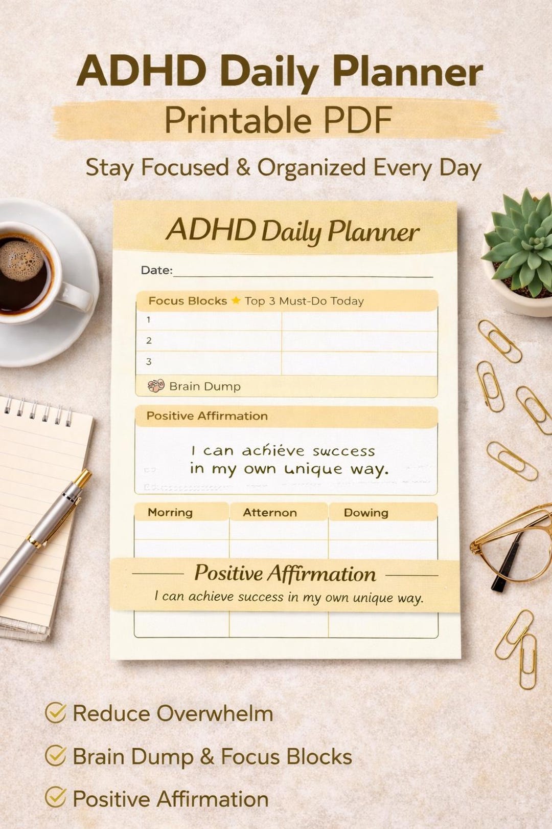 Minimalist ADHD Daily Planner Printable | Focus Blocks & Brain Dump ...