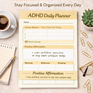 Minimalist ADHD Daily Planner Printable | Focus Blocks & Brain Dump | Undated Productivity Planner PDF | Instant Download