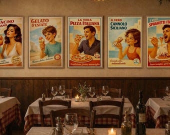 Juego de pósteres de cocina italiana, juego de láminas para cocina, pizza, pasta, helado, arancino, cannolo, decoración de cocina vintage