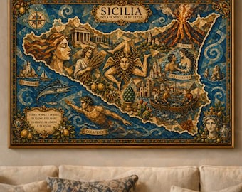 Póster con mapa ilustrado de Sicilia, lámina decorativa de Sicilia para pared, mapa artístico de Sicilia, regalo de Sicilia, Italia