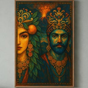Può includere: Un'opera d'arte incorniciata con due figure con copricapo e gioielli ornati. La donna a sinistra ha un incarnato dorato e indossa una corona di foglie e frutta. L'uomo a destra ha la barba blu e una corona di gioielli. L'opera è ambientata su uno sfondo verde acqua scuro.