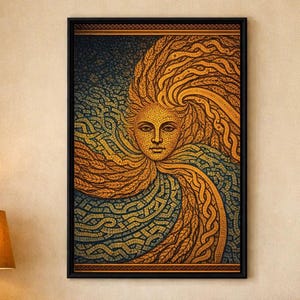 Può includere: Un'opera d'arte incorniciata raffigurante un volto stilizzato con capelli dorati fluenti su uno sfondo blu e oro. L'opera è appesa sopra un divano verde acqua con cuscini beige, un tavolino di legno e un vaso di terracotta.