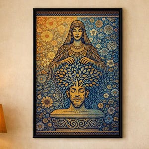 Può includere: Stampa artistica incorniciata raffigurante una figura spirituale con un disegno ad albero che emana dalla testa. L'opera d'arte utilizza oro, blu e giallo, con motivi floreali. La stampa è esposta sopra un divano blu.