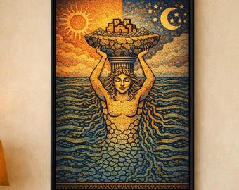 Mito siciliano de Colapesce, póster de leyenda marina, arte mediterráneo.