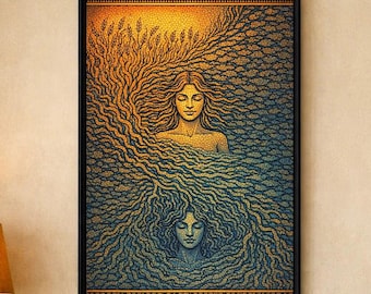 Deméter y Perséfone, póster de la mitología siciliana, diosas de las estaciones, arte mediterráneo.