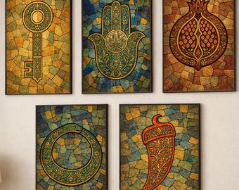 Conjunto de 5 pósteres con símbolos protectores, amuletos para la buena suerte y la protección del hogar, arte simbólico mediterráneo, conjunto de pinturas decorativas.