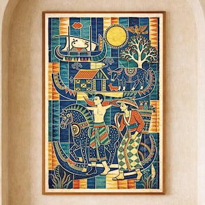 Poster Batik di Bali a Pannelli, Pattern Folk Geometrico, Motivi Ornamentali, Arredo Boho Eclettico, Stampa Decorativa