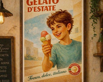 Póster de helado italiano, lámina de postre vintage, arte de cocina de verano, decoración de cocina retro