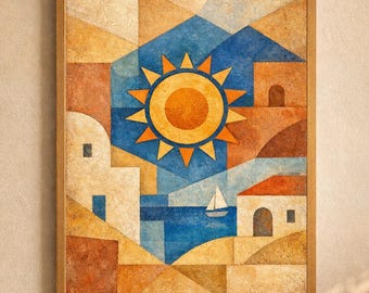 Póster del Sol Mediterráneo, Pueblo Costero Geométrico, Arte Mural Simbólico