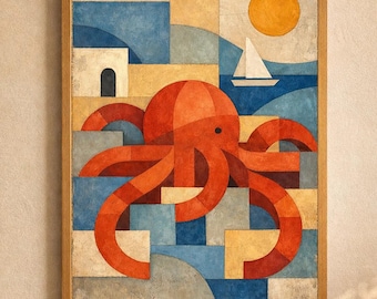 Póster de pulpo mediterráneo, arte marino geométrico, lámina costera