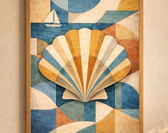 Concha mediterránea abstracta, póster marino geométrico, arte costero