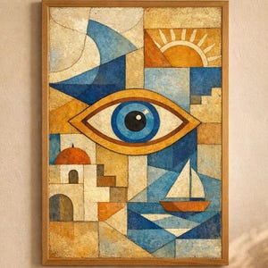 Può includere: Stampa artistica astratta in una cornice di legno. L'opera presenta un grande occhio con un'iride blu, una barca a vela, un sole ed elementi architettonici. La tavolozza dei colori comprende tonalità blu, arancioni e beige.
