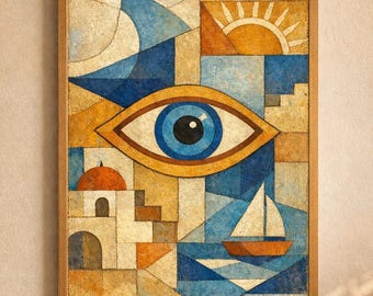 Póster mediterráneo de protección ocular, Nazar geométrico, arte simbólico
