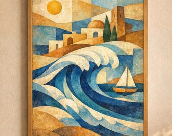 Póster de olas mediterráneas, pueblo costero geométrico, arte marino simbólico.