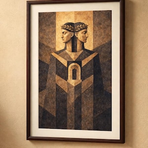 Pode incluir: Impressão de arte emoldurada com um design geométrico de duas figuras com coroas de louro. A obra de arte usa uma paleta de marrom, dourado e preto, com um motivo central de arco. A impressão está em uma moldura de madeira marrom escura.