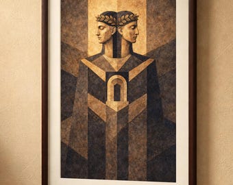 Jano, dios de los umbrales, póster de la mitología romana, arte simbólico.