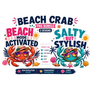 Puede incluir: Un diseño gráfico vibrante con dos cangrejos, uno rojo y otro turquesa, con gafas de sol y sombreros, con el texto "Beach Crab" y "Salty but Stylish". Adecuado para camisetas, bolsas de mano, tazas y sombreros.