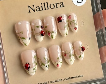 spring ladybug Press-On Nails | Hand-Painted Custom Nails | Reusable Nail Set