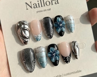 Unhas postiças 3D com flores | Unhas personalizadas pintadas à mão | Conjunto de unhas reutilizáveis