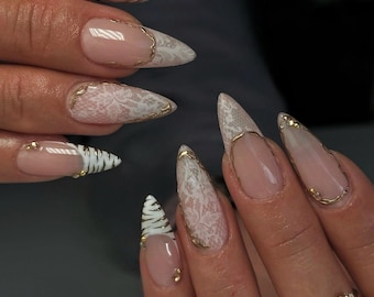 gold chrome lace french Press-On Nails | Hand-Painted Custom Nails | Reusable Nail Set