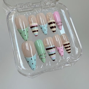 polka dot striped french Press-On Nails | Hand-Painted Custom Nails | Reusable Nail Set image 3