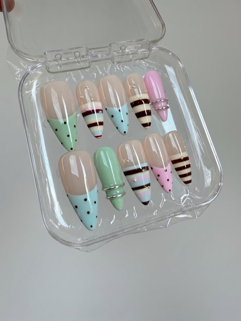 polka dot striped french Press-On Nails | Hand-Painted Custom Nails | Reusable Nail Set image 3