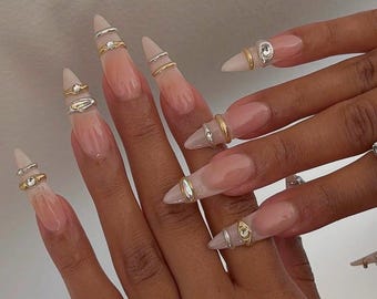 Uñas postizas 3D cromadas doradas / Uñas personalizadas pintadas a mano / Set de uñas reutilizables
