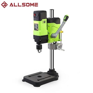 May include: A green and black benchtop drill press with a silver handle and base. The drill press has a black base with a rectangular work surface and a silver support column. The brand name "ALLSOME" is visible in the top left corner.