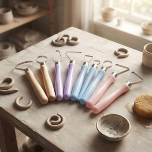 May include: A set of eight pottery ribbon tools with metal wire loops and smooth wooden handles in shades of light blue, lavender, pink, and natural wood, arranged in a fan shape alongside small clay coils and a round sponge.