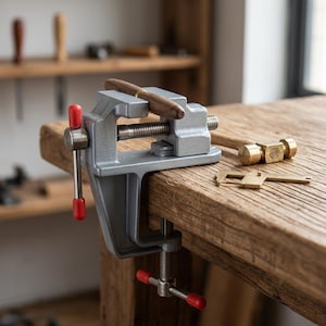 May include: A silver metal bench vise with red handle grips, securely clamped to a wooden surface. A brown cigar is held within the vise jaws. Nearby, a small brass hammer and a brass caliper tool rest on the textured wooden tabletop.