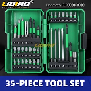 May include: A green 35-piece tool set containing router bits and screwdriver heads. The set is housed in a green plastic case, with the brand name "LIDIAO" at the top. The text "35-PIECE TOOL SET" is displayed at the bottom of the image.