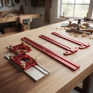Op de afbeelding: Een rood en zilverkleurige metalen houtbewerkingsmalset met een lange liniaal met schaalverdeling, twee T-vormige uitlijnstangen en een schuifbare basisplaat met messing afstelknoppen op een houten ondergrond.