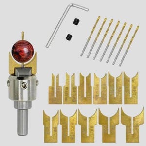 May include: A woodworking tool set featuring a metal and wood turning tool with a red and brown wooden ball, drill bits, and various brass-colored cutting blades. Also included are a hex key and two small black screws. The tools are arranged on a light gray background.