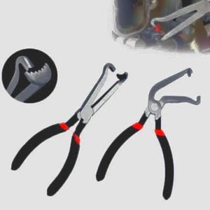 Könnte beinhalten: Zwei Kfz-Schlauchschellenzangen mit schwarzen Griffen, silbernen Backen und roten Akzenten. Eine Zange wird in einer Nahaufnahme gezeigt. Die Zangen sind zum Entfernen und Installieren von Schlauchschellen konzipiert.