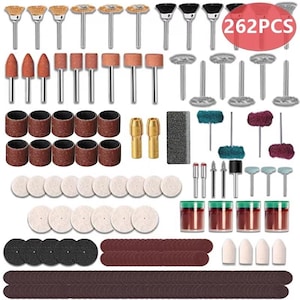 May include: A 262-piece rotary tool bit set, featuring a wide array of grinding, polishing, and cutting bits. The set includes bits of various shapes and sizes, made from metal, abrasive materials, and felt, ideal for a range of craft and DIY tasks.