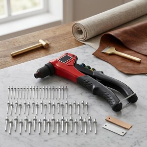 May include: A red and black hand-operated rivet gun tool with a black textured grip, accompanied by a large collection of silver-colored metal rivets arranged in rows, a small rectangular leather piece, and a small rectangular metal plate.