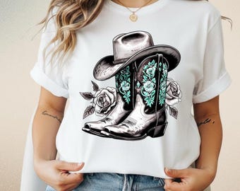 Cowgirl Boots and Hat Graphic Tee, Floral Western Shirt