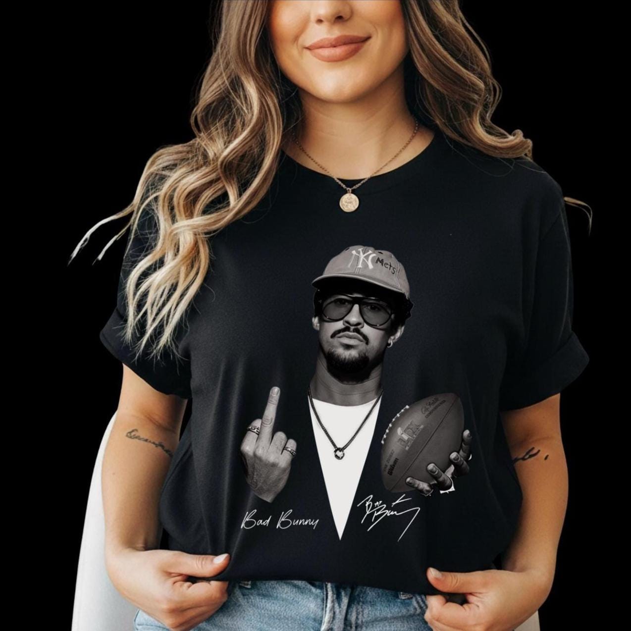Bad Bunny Tee, Football, Unisex, All Sizes, Benito Bowl, Black and
