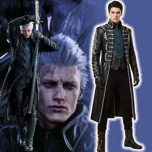 May include: A long black coat with silver embroidery and a high collar, worn over a teal textured vest and black trousers. The outfit includes black gloves and black boots, featuring a sharp, structured design with metallic button details.
